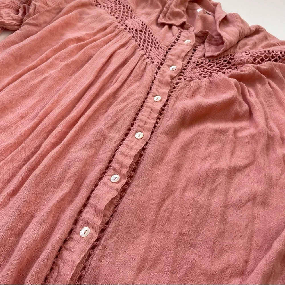 Free People Pink Orange Coral Katie Bird Long Sleeve Button Down Size Large - Picture 7 of 10